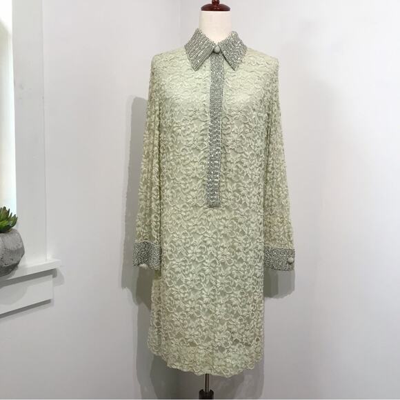 Valentina Ltd 1960s Embroidered Beaded Lace Long Sleeve Tunic Dress 14 VTG 10 to - Picture 3 of 16